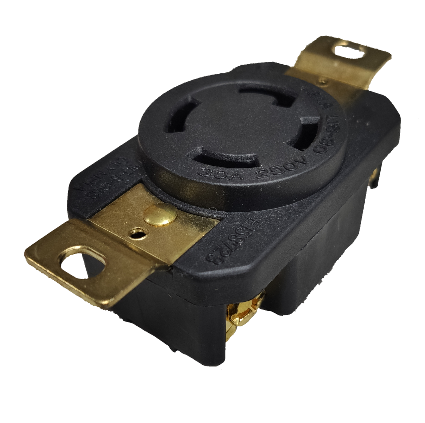 Grippes black industrial receptacle with brass mounting straps 30A twist lock outlet NEMA L6. for generators