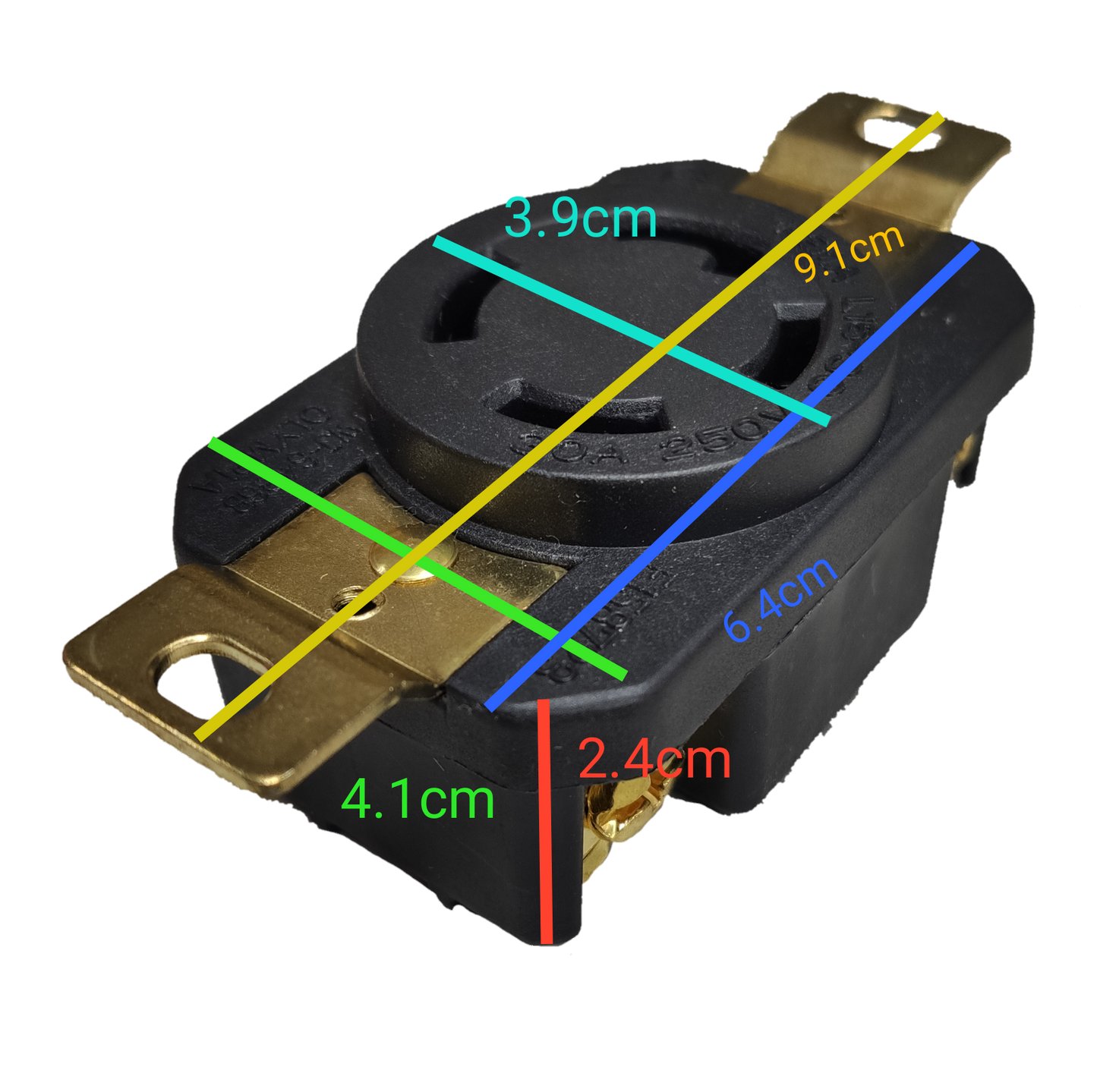 Grippes 30A twist lock outlet NEMA L6. Black heavy duty receptacle with brass terminals for industrial power