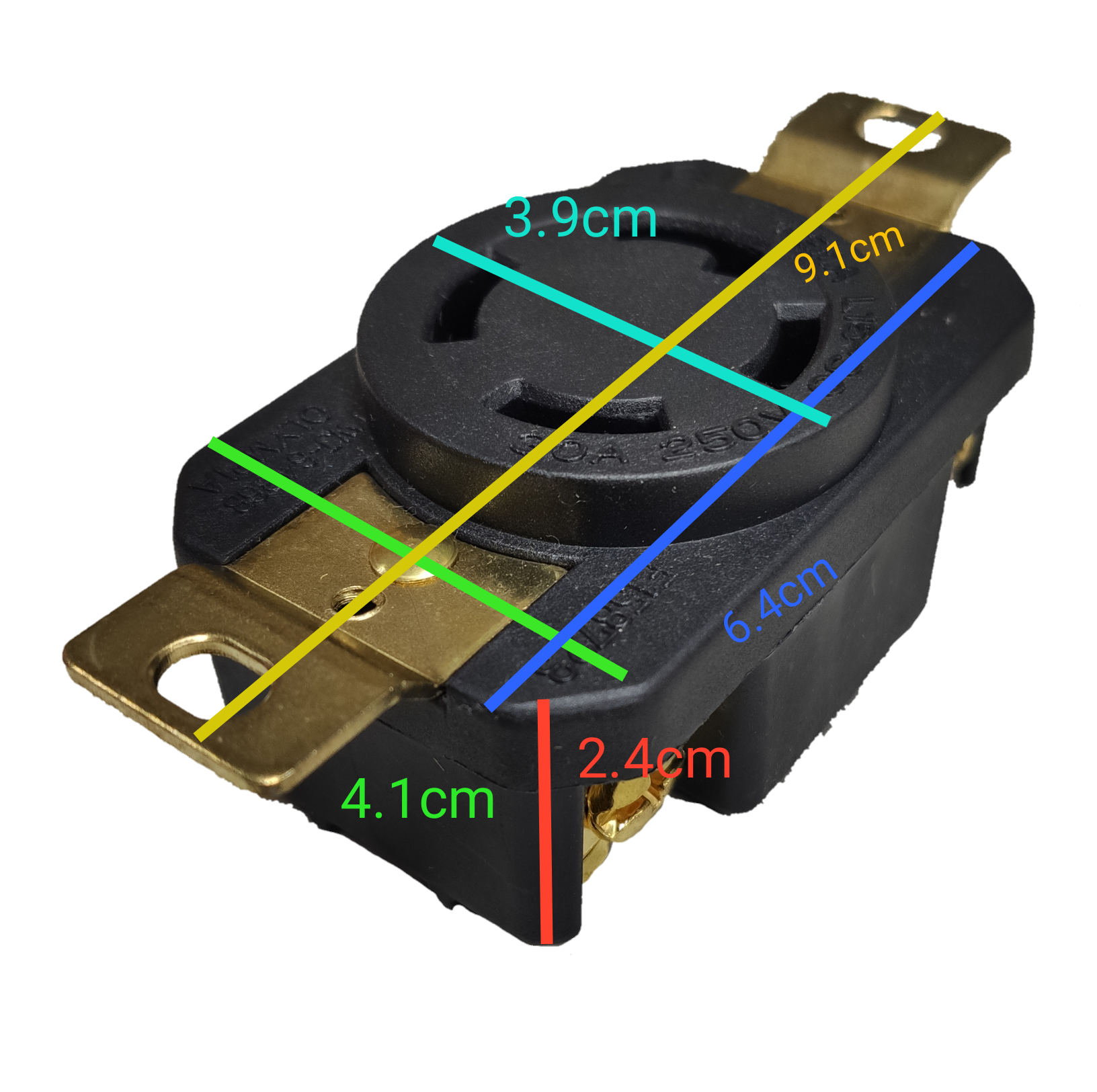Grippes 30A twist lock outlet NEMA L6. Black heavy duty receptacle with brass terminals for industrial power