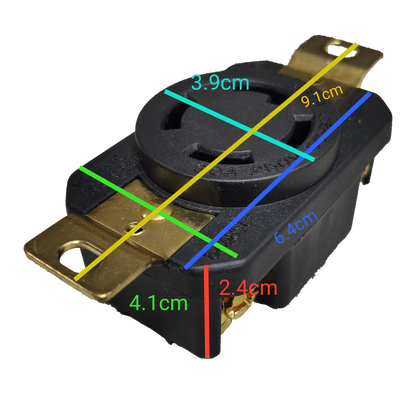 Grippes 30A twist lock outlet NEMA L6. Black heavy duty receptacle with brass terminals for industrial power