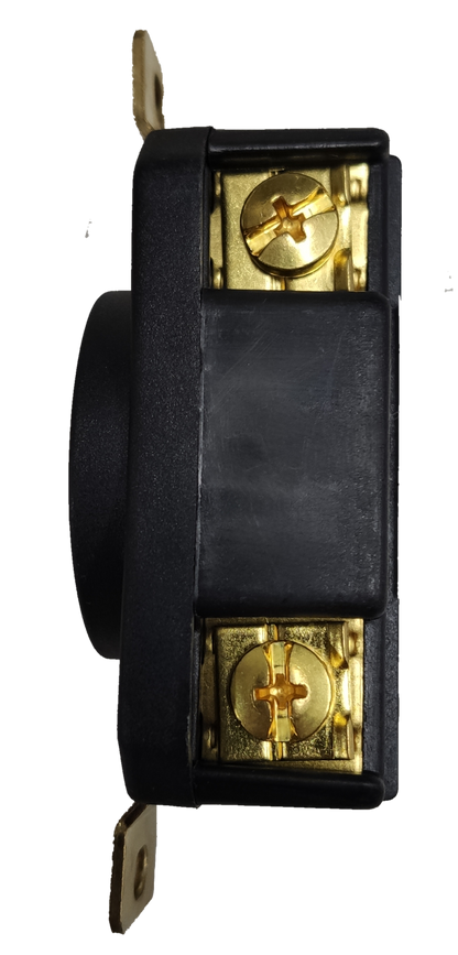 Grippes 30A twist lock outlet NEMA L6. black wall receptacle with exposed brass terminal screws and mounting tabs