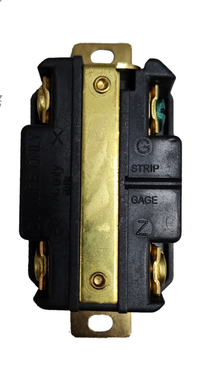 Grippes industrial 30A twist lock outlet NEMA L6. black receptacle with brass contacts and mounting strap