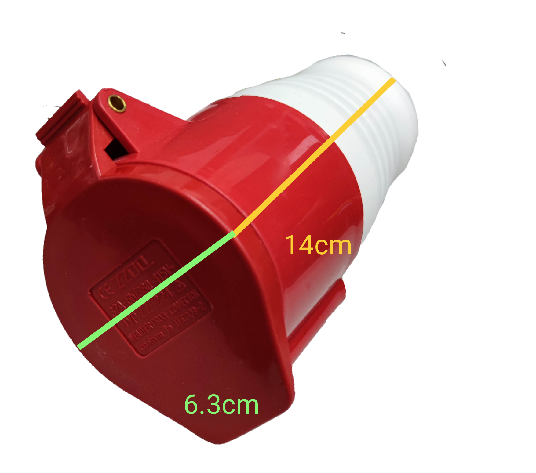 Grippes industrial 32 amp power socket in red and white with measurements 14cm by 6.3cm
