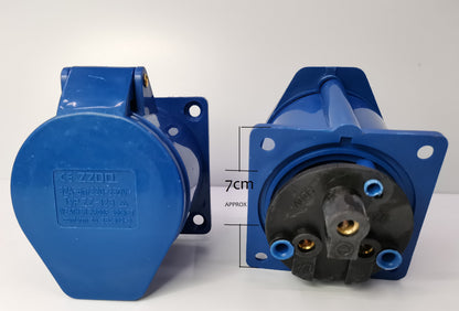 Grippes industrial 32A electrical outlet in blue with protective cover and three-pin connector