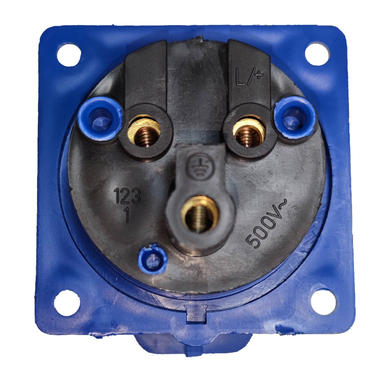 Grippes industrial 32A electrical outlet with blue mounting base and 500V rating