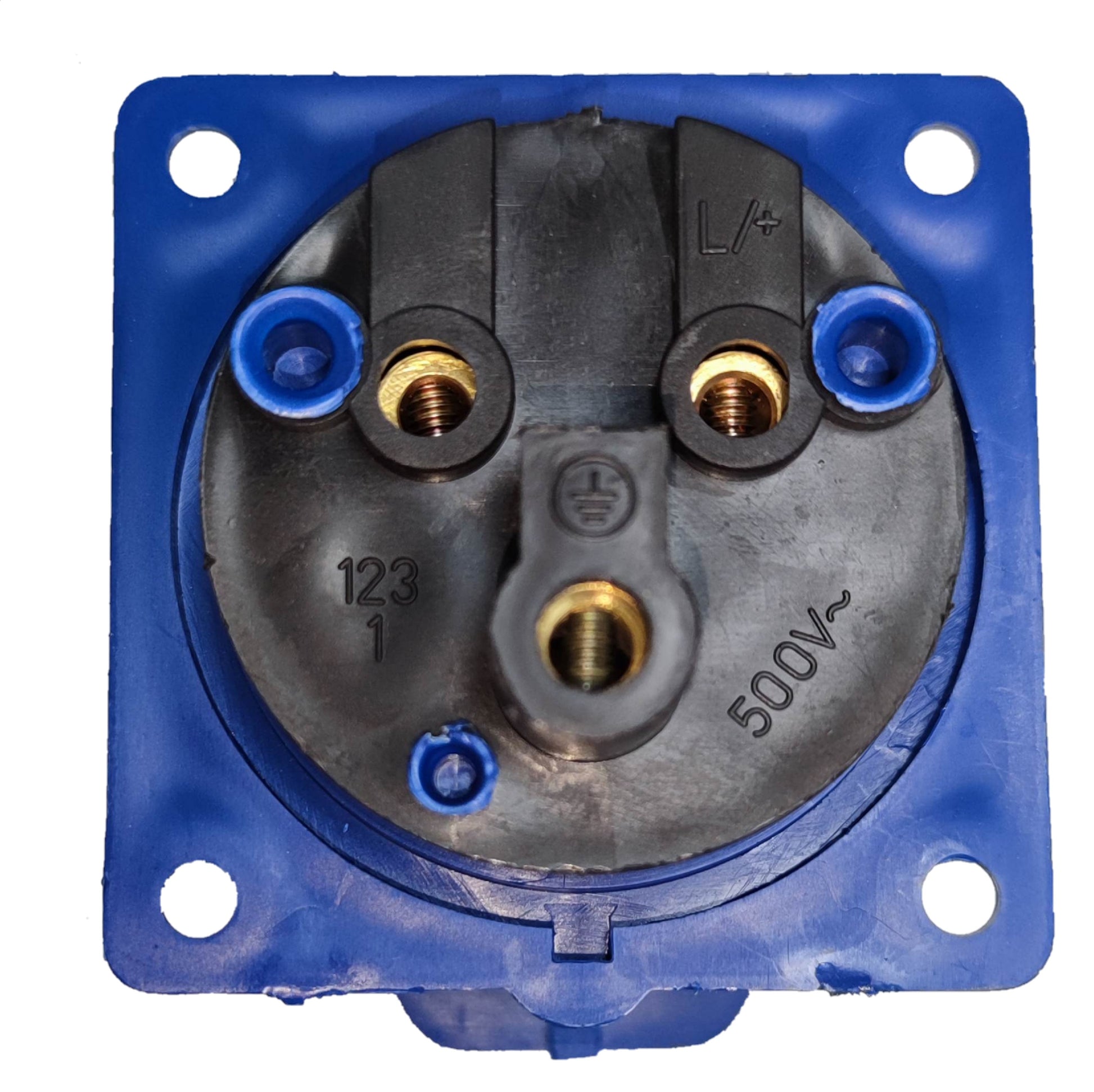 Grippes industrial 32A electrical outlet with blue mounting base and 500V rating