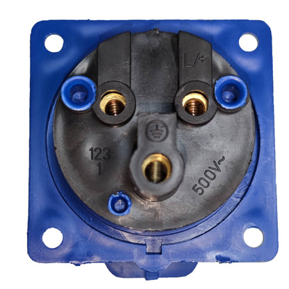 Grippes industrial 32A electrical outlet with blue mounting base and 500V rating