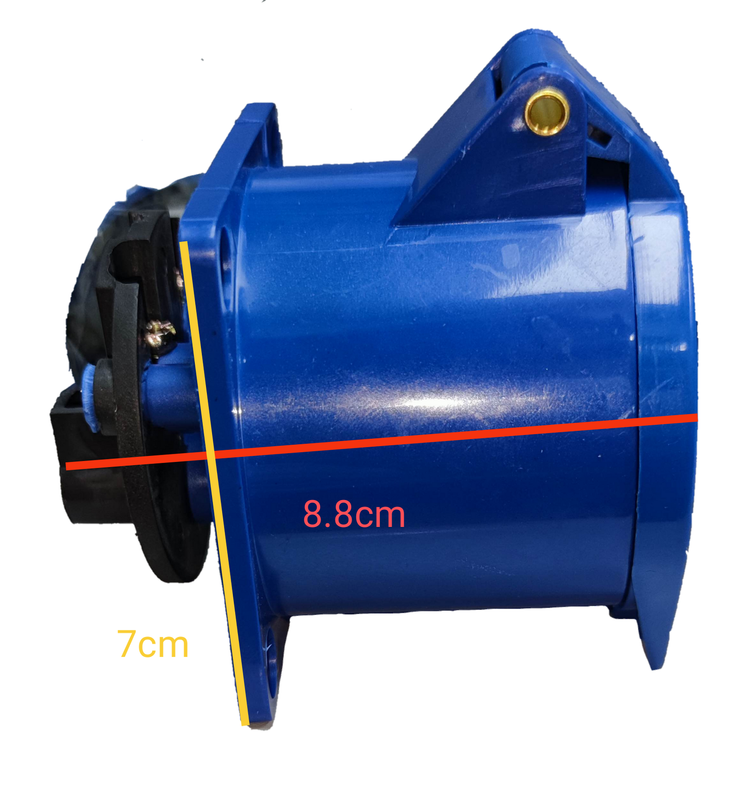 Grippes industrial 32A electrical outlet blue casing with measurement dimensions shown