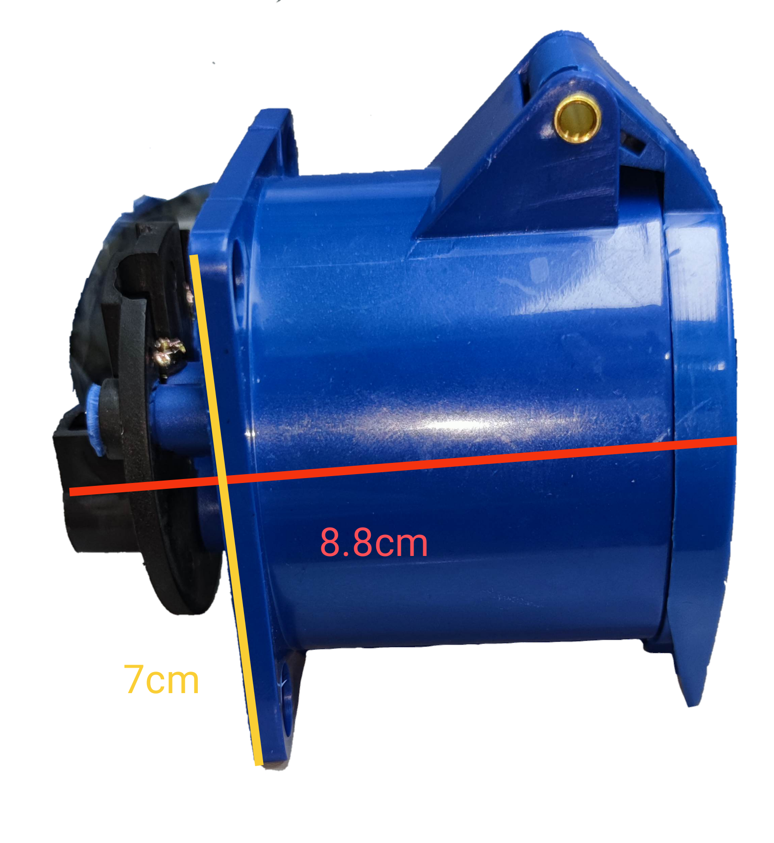 Grippes industrial 32A electrical outlet blue casing with measurement dimensions shown