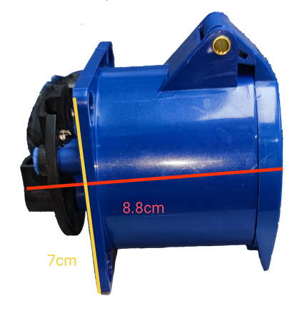 Grippes industrial 32A electrical outlet blue casing with measurement dimensions shown