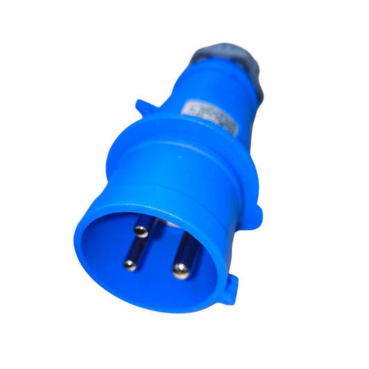 Grippes 32A industrial plug blue electrical connector with three metal pins for heavy-duty use