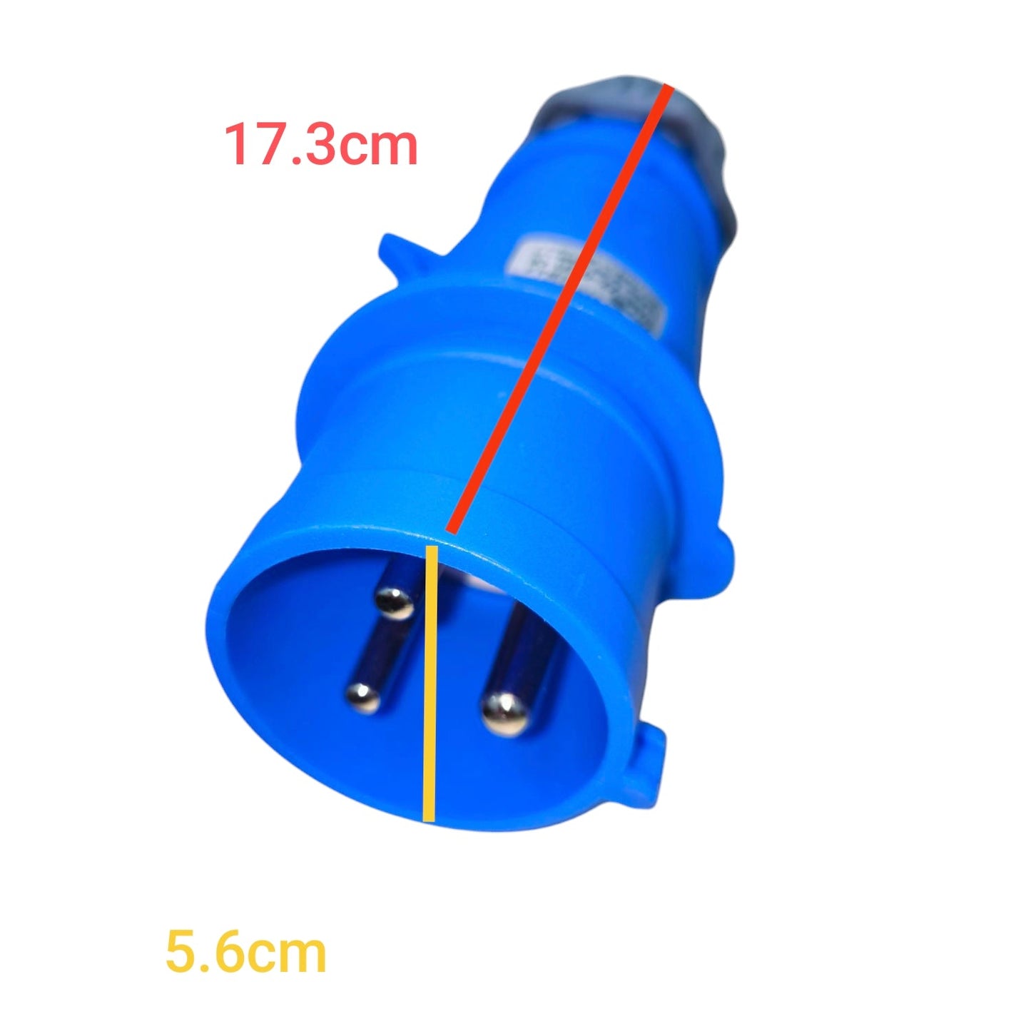 Grippes blue 32A industrial plug with three metal pins and measurements visible