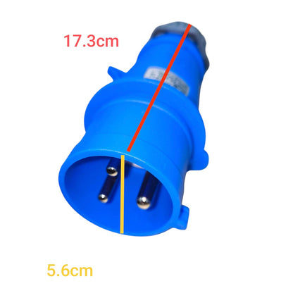 Grippes blue 32A industrial plug with three metal pins and measurements visible