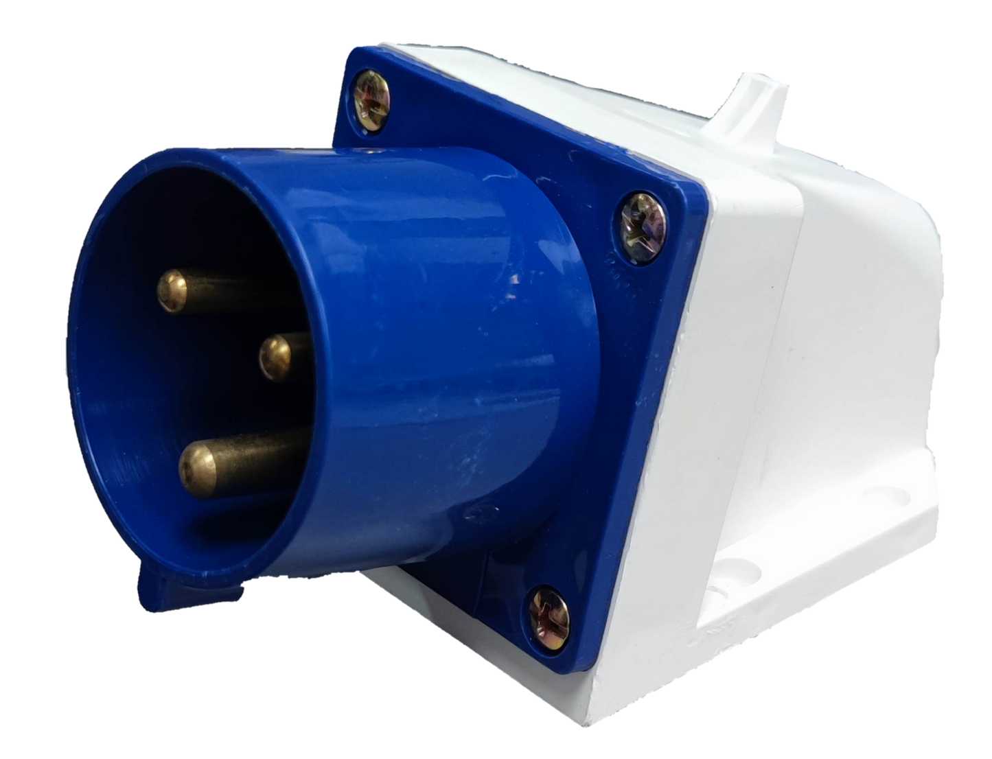 Grippes 32A industrial wall plug with blue and white casing and three brass pins