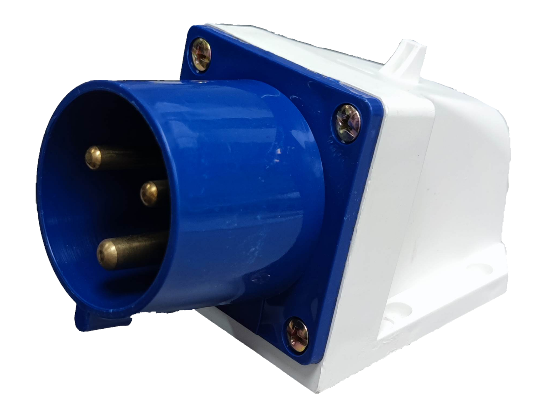 Grippes 32A industrial wall plug with blue and white casing and three brass pins