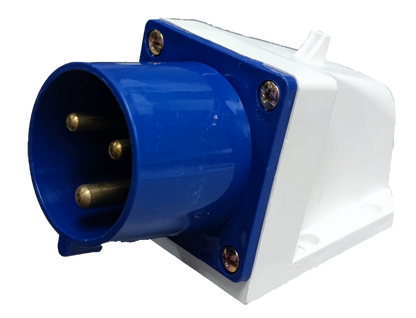 Grippes 32A industrial wall plug with blue and white casing and three brass pins