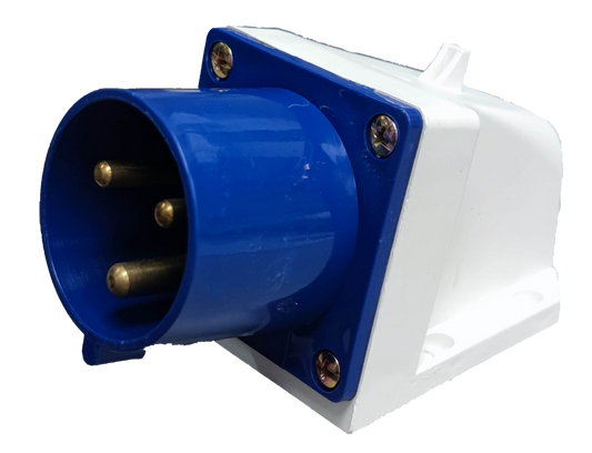 Grippes 32A industrial wall plug with blue and white casing and three brass pins