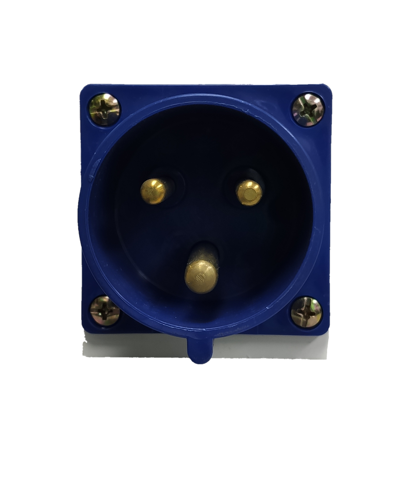Grippes 32A industrial wall plug blue electrical socket with three brass prongs and four mounting screws