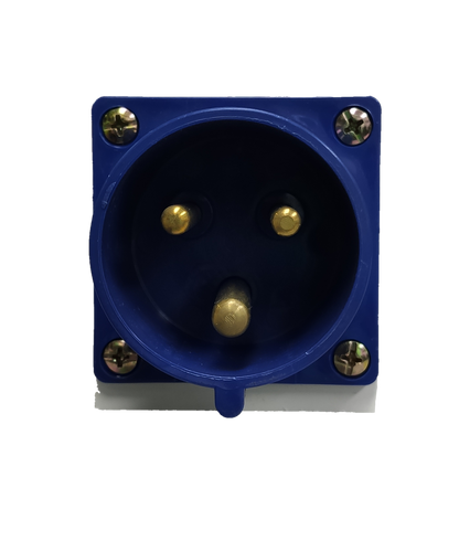Grippes 32A industrial wall plug blue electrical socket with three brass prongs and four mounting screws