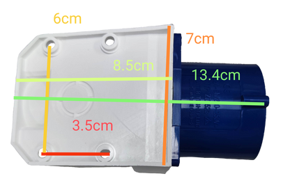 Grippes 32A industrial wall plug with detailed measurements in white and blue plastic housing