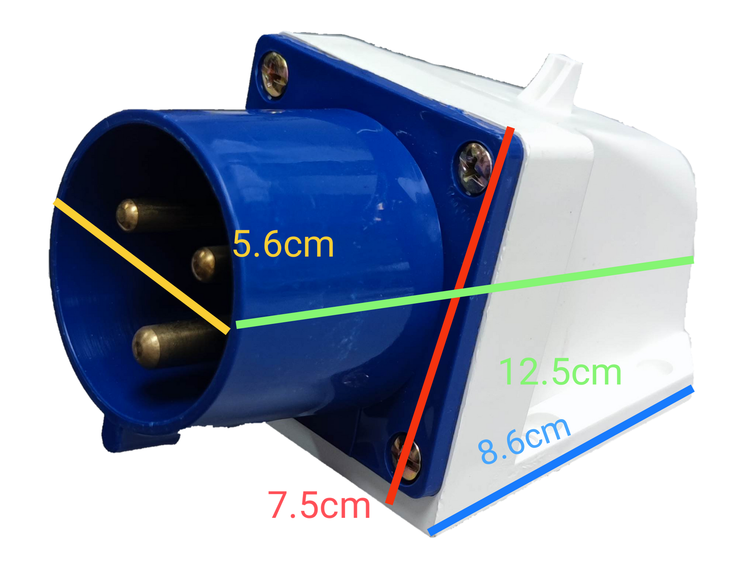 Grippes 32A industrial wall plug in blue and white with three metal pins and mounting screws