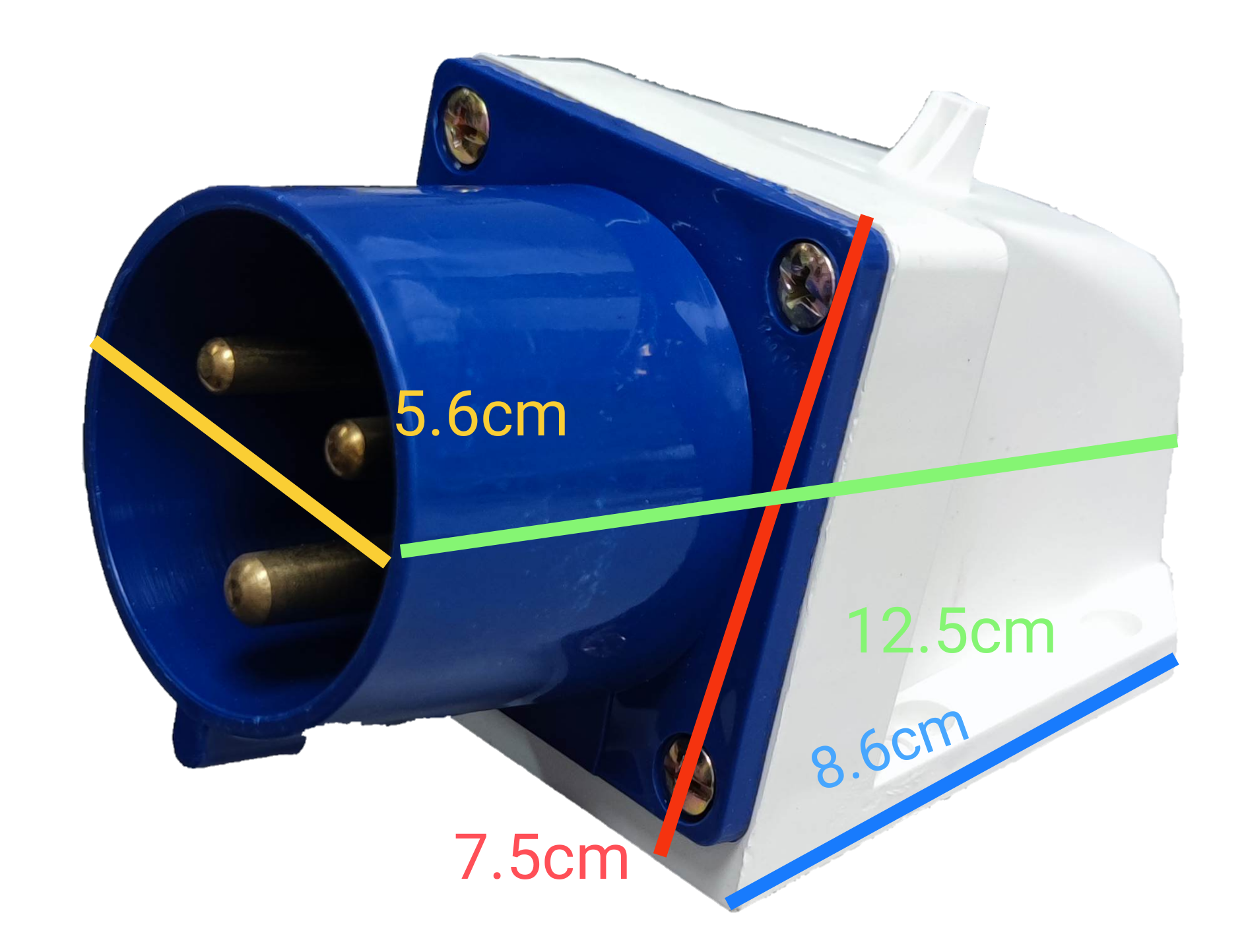 Grippes 32A industrial wall plug in blue and white with three metal pins and mounting screws