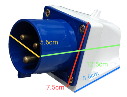 Grippes 32A industrial wall plug in blue and white with three metal pins and mounting screws