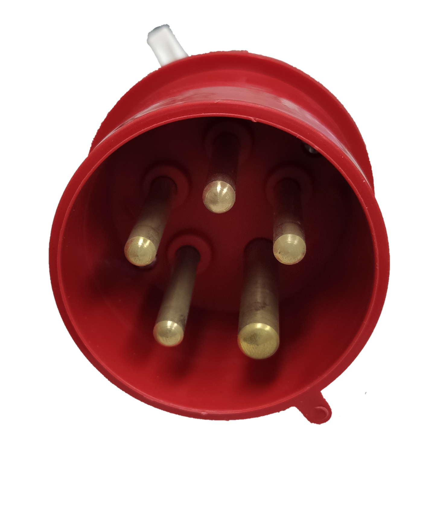 Grippes industrial 32A power plug red with five brass connectors for electrical circuitry and parts