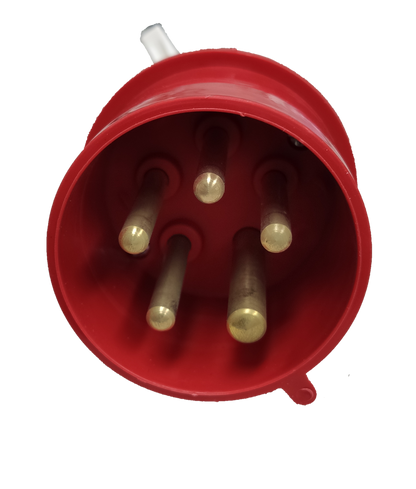 Grippes industrial 32A power plug red with five brass connectors for electrical circuitry and parts