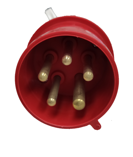 Grippes industrial 32A power plug red with five brass connectors for electrical circuitry and parts