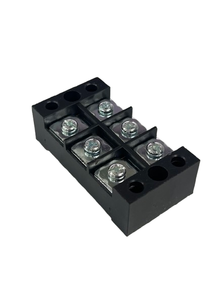 Grippes 45A 3 Pair Terminal Block 600V black plastic with six screw terminals and mounting holes