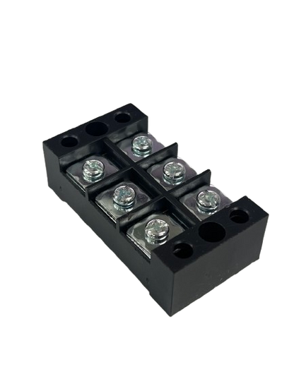 Grippes 45A 3 Pair Terminal Block 600V black plastic with six screw terminals and mounting holes
