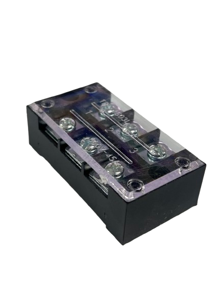 Grippes 45A 3 Pair Terminal Block 600V. Black base with clear cover and three paired screw terminals for wiring