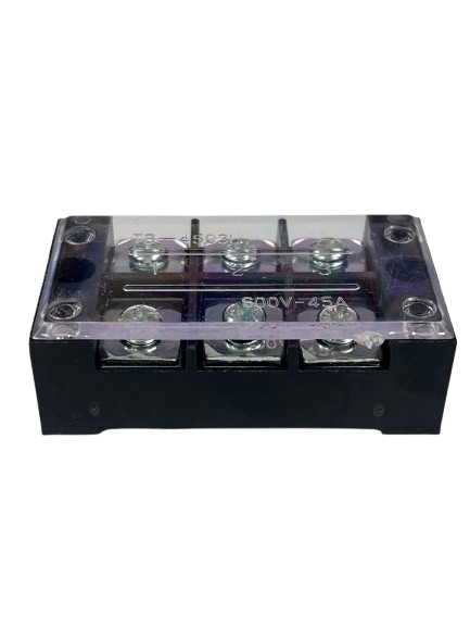 Grippes 45A 3 Pair Terminal Block 600V with clear protective cover and three screw terminals on black base