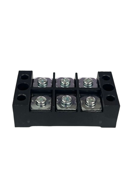Grippes 45A 3 Pair Terminal Block 600V black plastic three pair six screw terminals with mounting holes