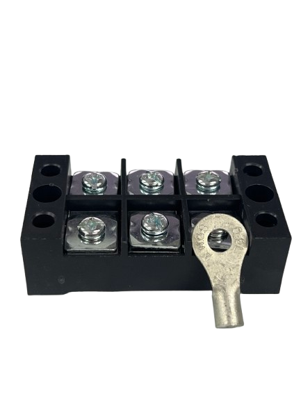 Grippes 45A 3 Pair Terminal Block 600V black plastic with six screw terminals and included ring cable lug
