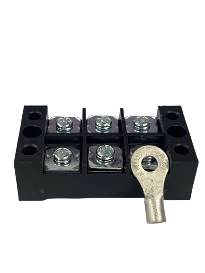 Grippes 45A 3 Pair Terminal Block 600V black plastic with six screw terminals and included ring cable lug