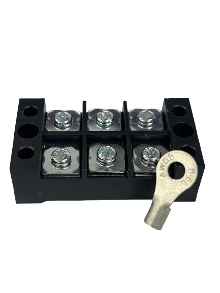 Grippes 45A 3 Pair Terminal Block 600V black plastic six screw terminals with lug connector