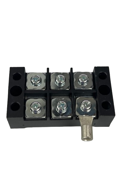 Grippes 45A 3 Pair Terminal Block 600V black plastic housing with six screw terminals and lug