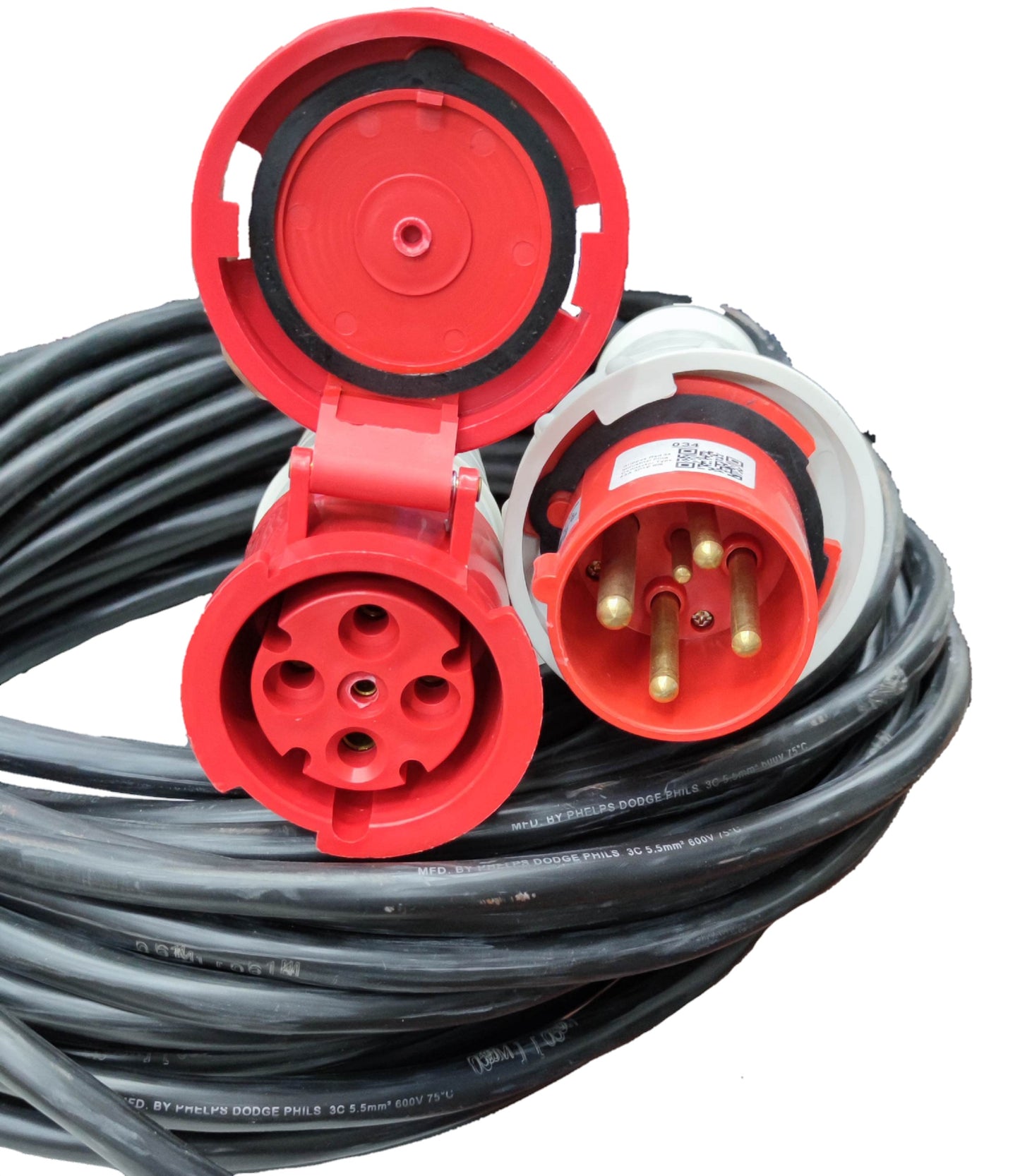 Grippes & Phelps Dodge 63A industrial power connector with red plug and socket on black cable