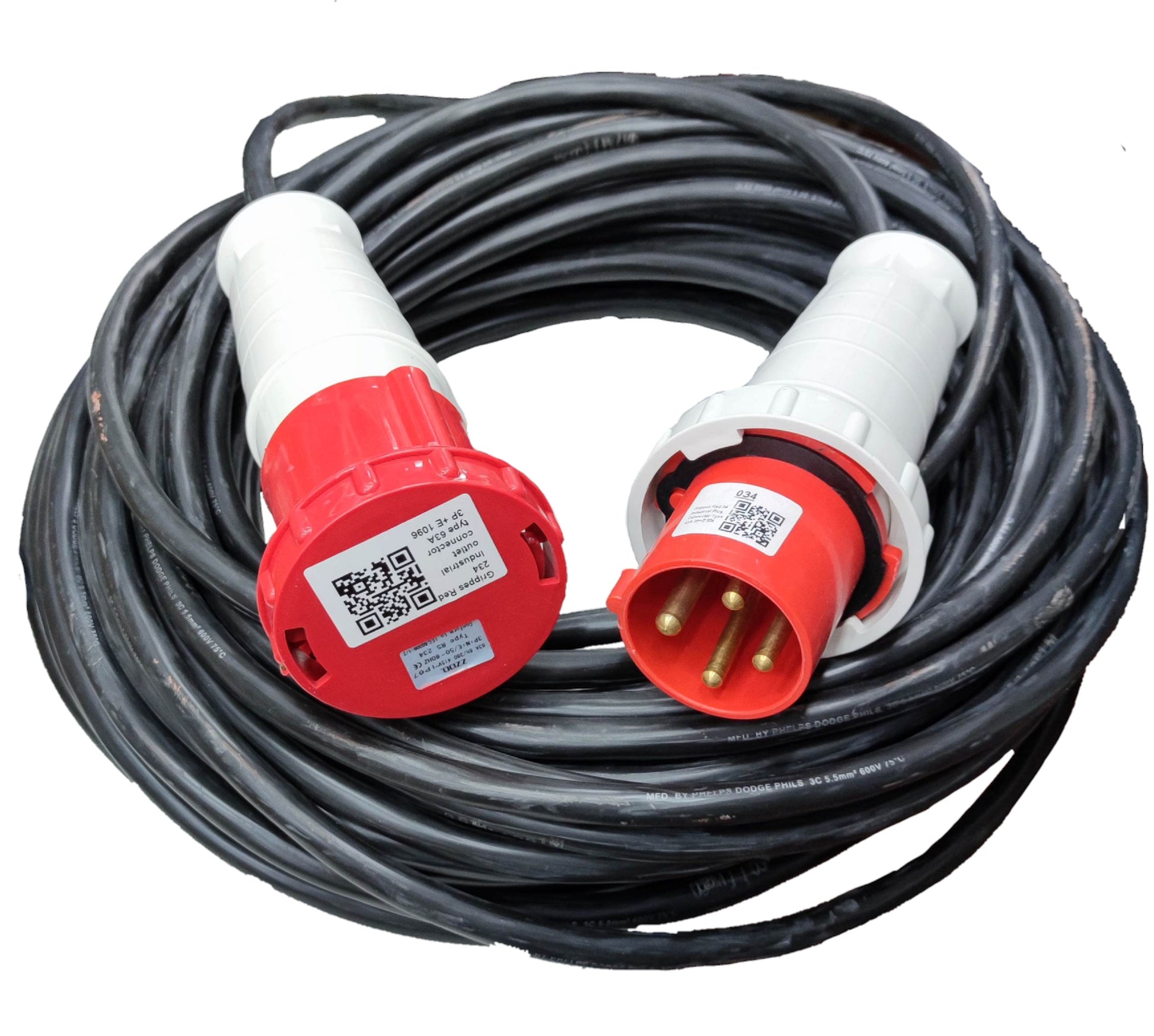 63A industrial power connector cable set with red and white plug connectors by Grippes & Phelps Dodge