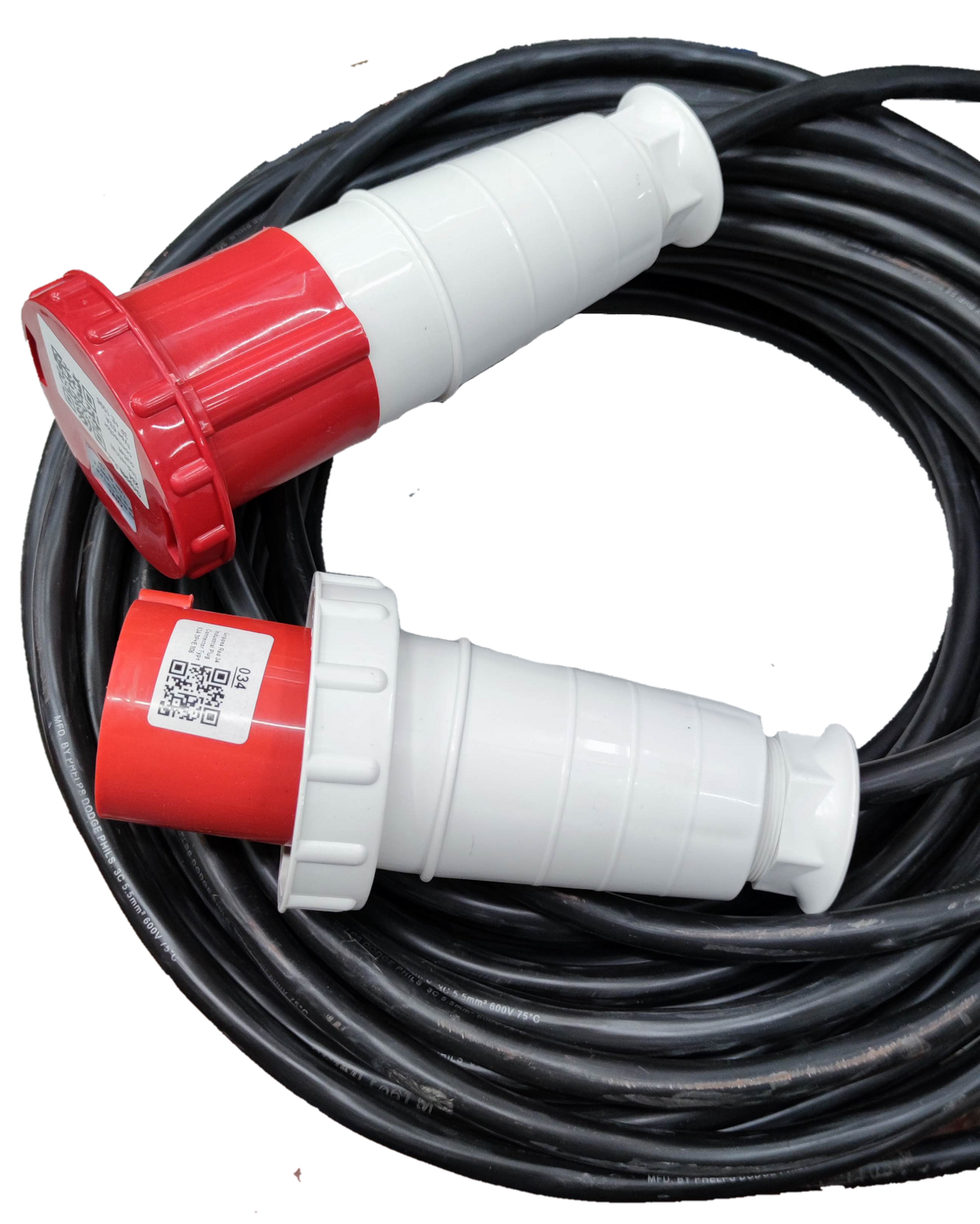 Grippes & Phelps Dodge 63A industrial power connector with red and white casing and attached black cable