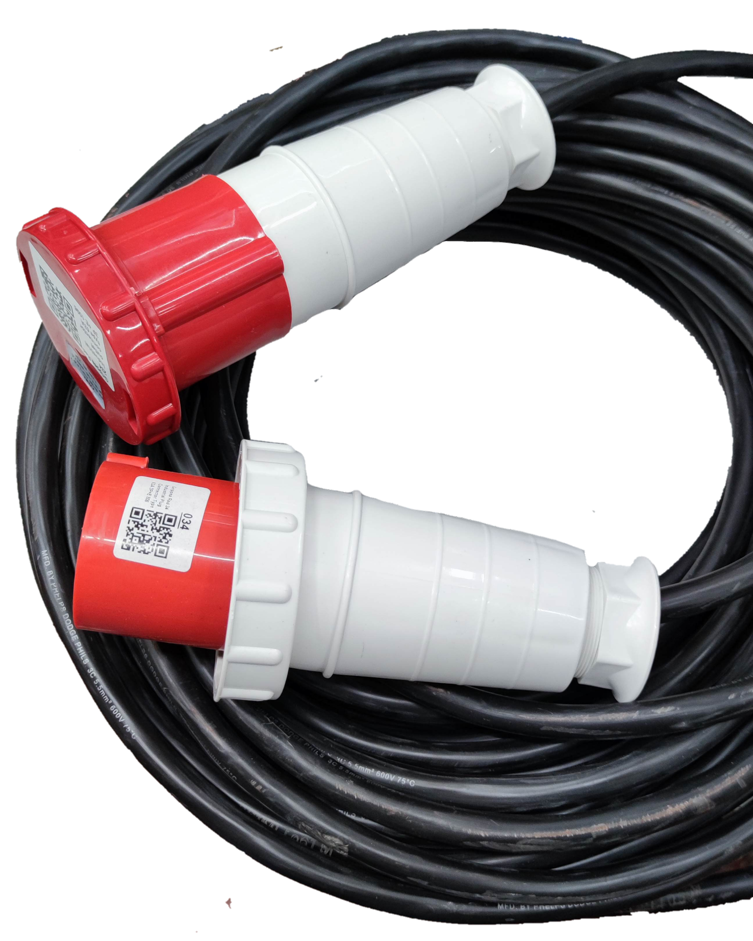 Grippes & Phelps Dodge 63A industrial power connector with red and white casing and attached black cable