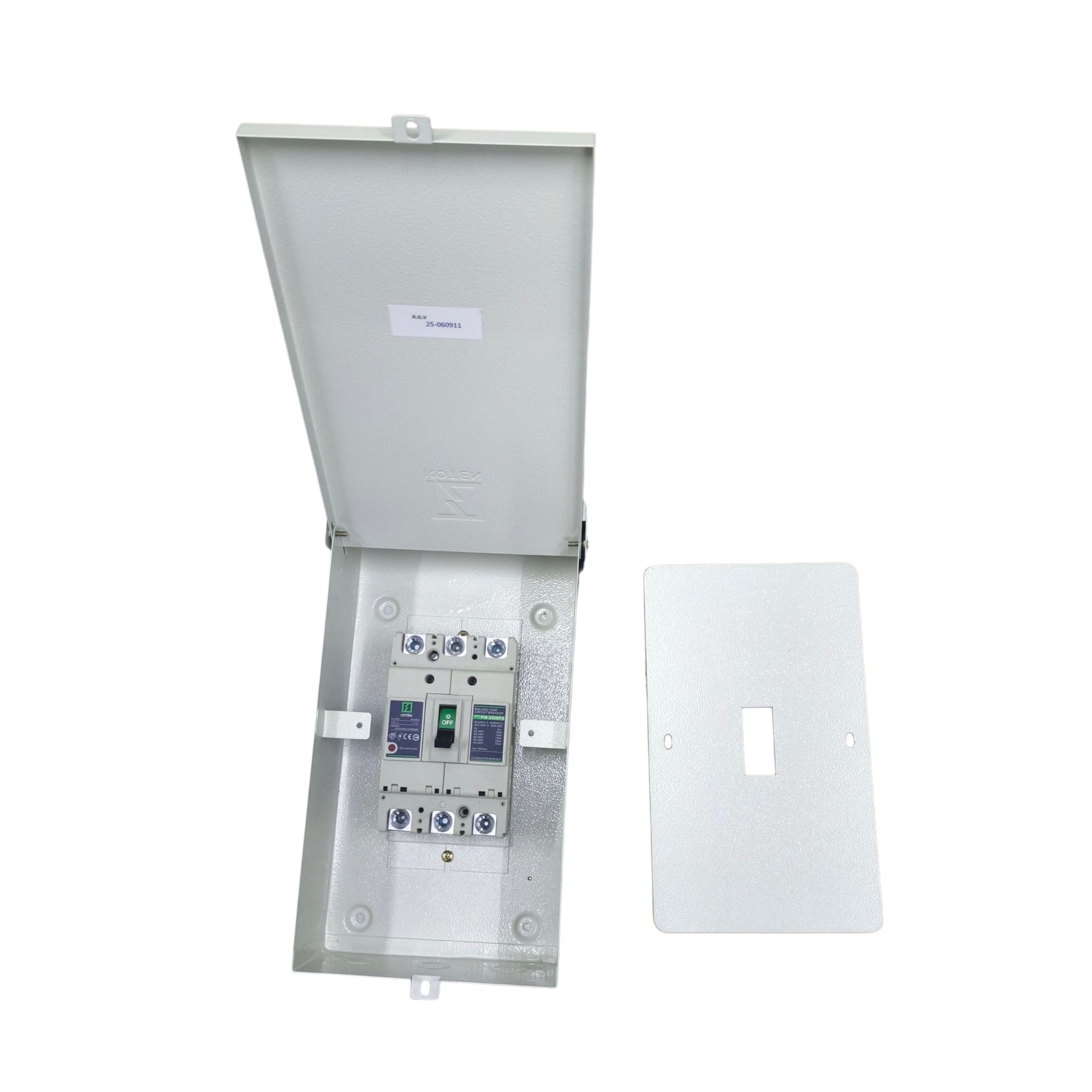 Koten 225A industrial circuit breaker panel in an open metal enclosure for electrical applications