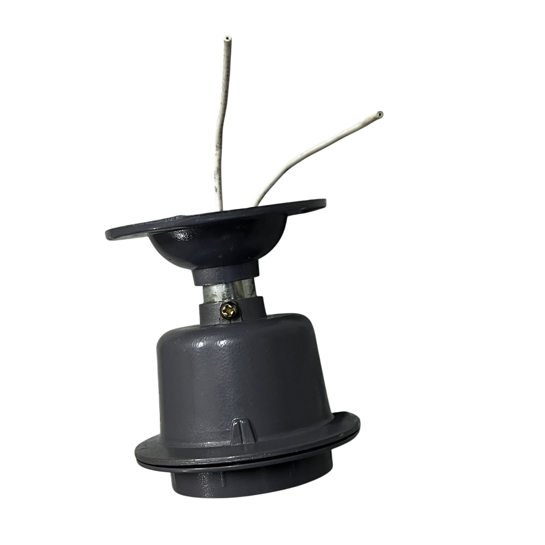 Gray China manufactured E27 Lamp Socket 5A 220V lighting installation accessory with two white wires exposed