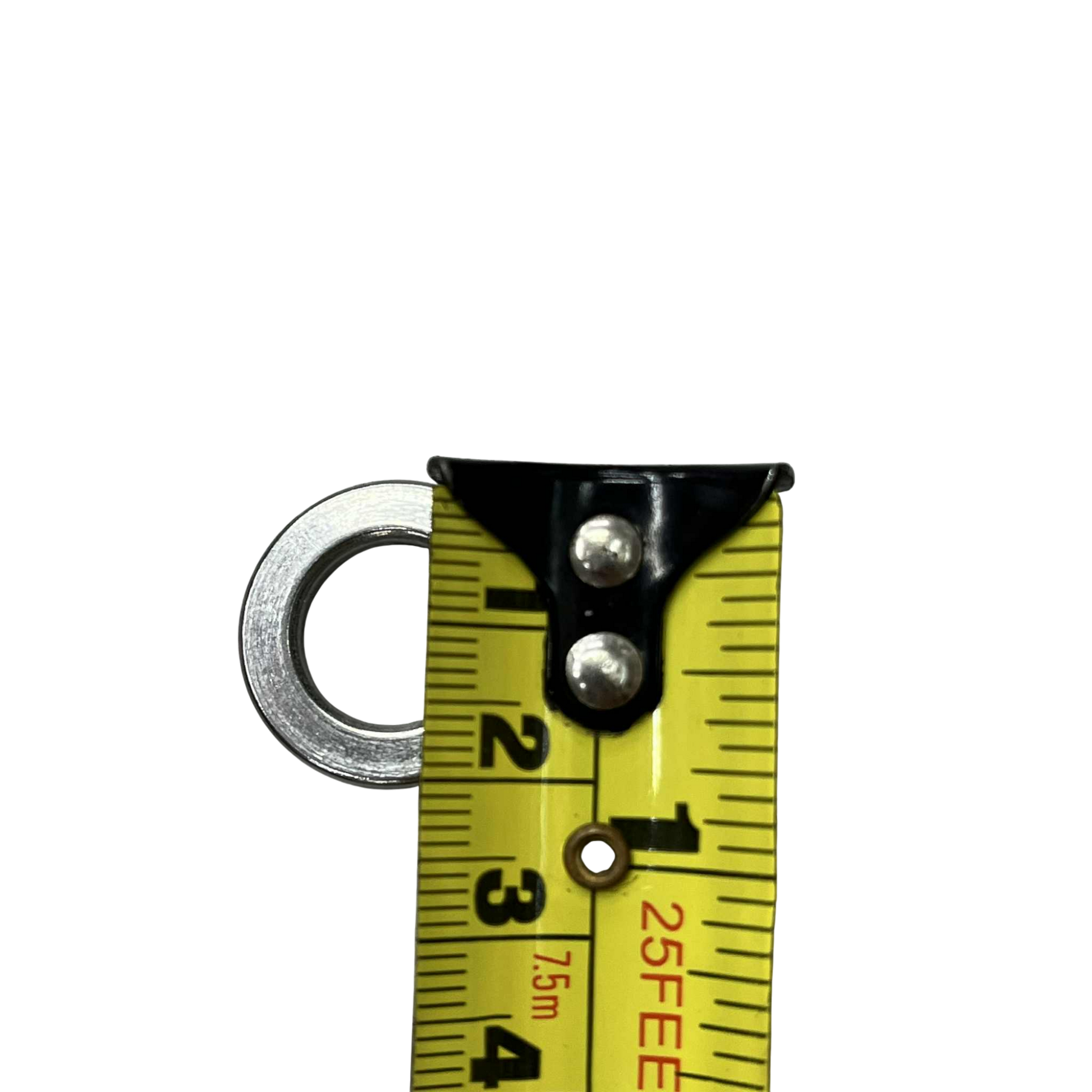 Close-up of an industrial electrical stainless washer on a measuring tape for precise measurements