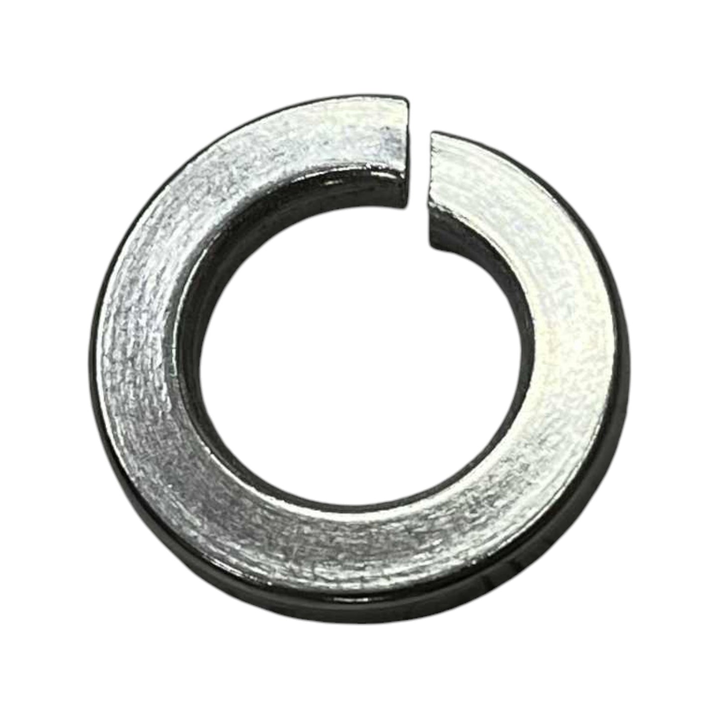Close-up of an industrial electrical stainless washer with a circular design and a split opening for secure fastening