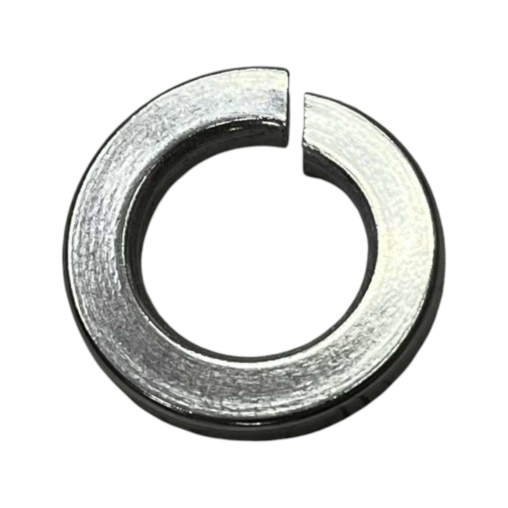 Close-up of an industrial electrical stainless washer with a circular design and a split opening for secure fastening