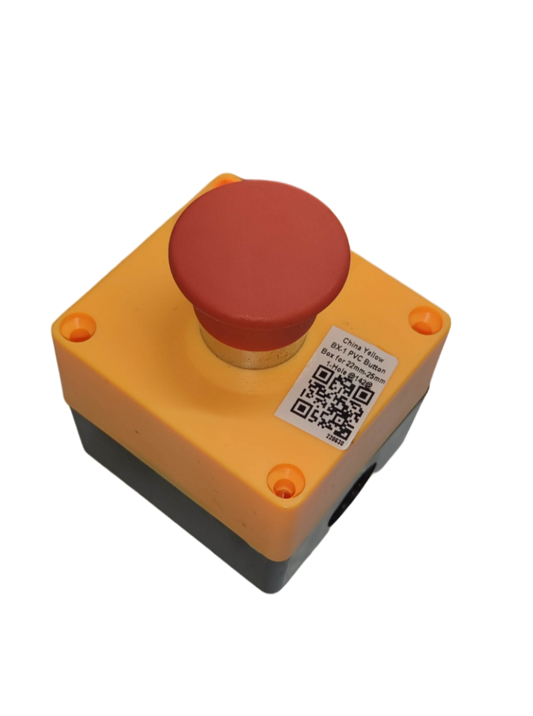 Auspicious emergency push button with enclosure in yellow and red for safety control applications