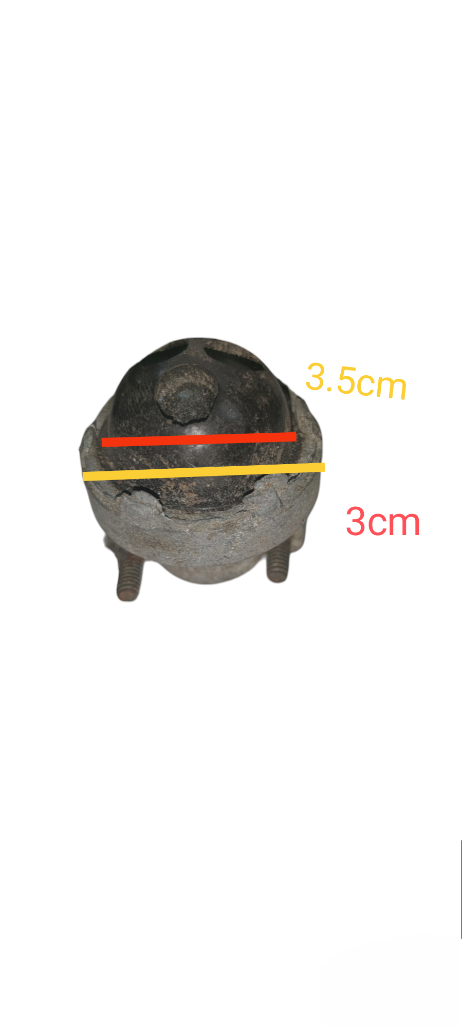 Rusted iron pipe entrance cap straight clamp type with three studs and size markings 3.5 cm and 3 cm